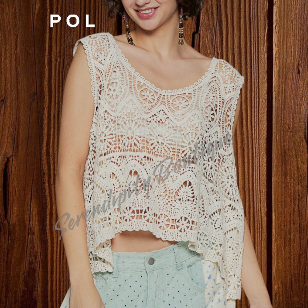 POL Cotton Boho Crochet Baggy Drape High Low Hem Sleeveless Loose Top - Picture 2 of 9